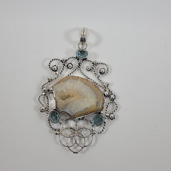 Druzy Agate Pendant – With Blue Topaz Accents + 20" Silver Snake Chain - Picture 4 of 10